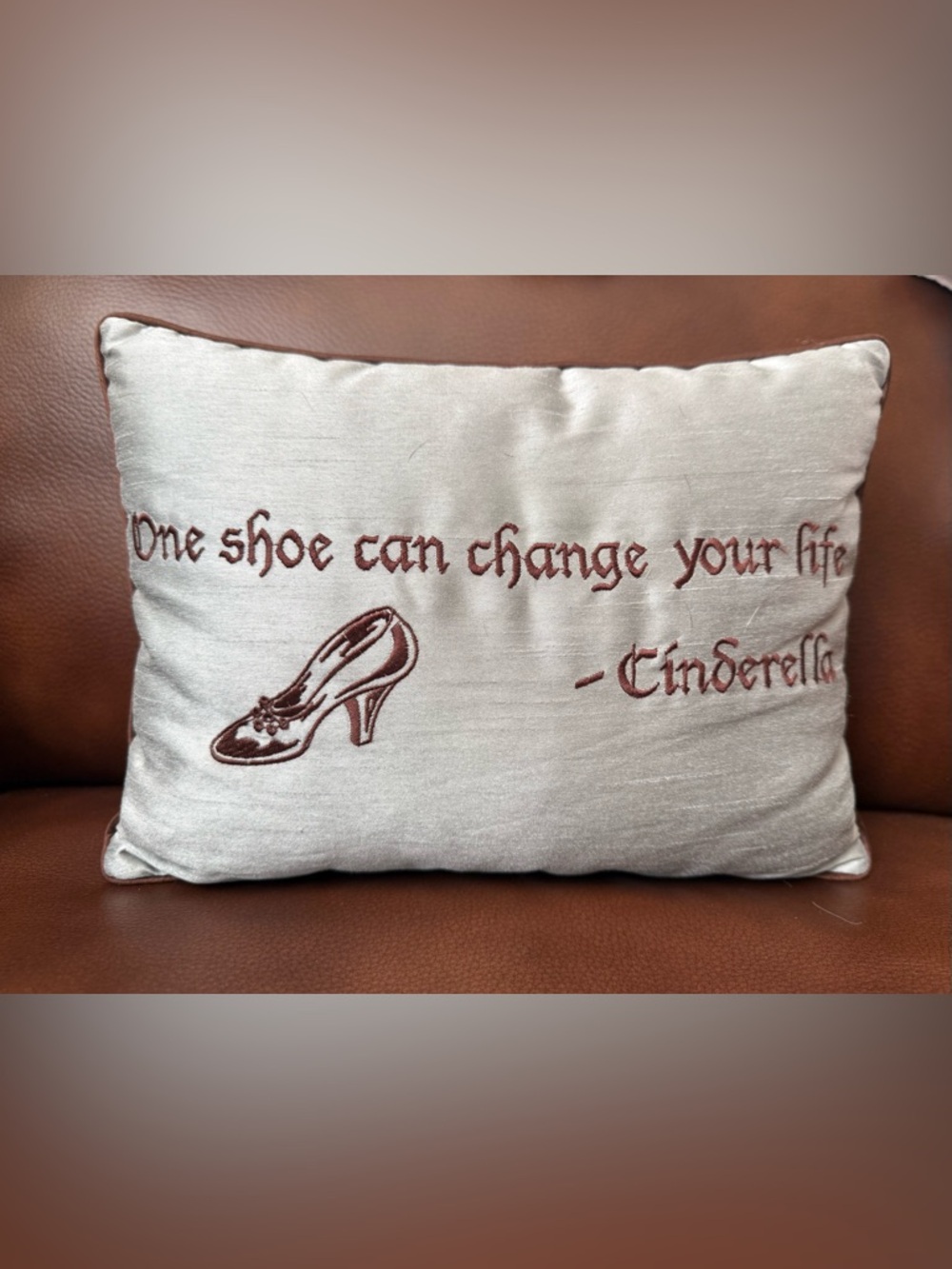 Satin Accent Pillow with Brown Embroidered Heel Motif